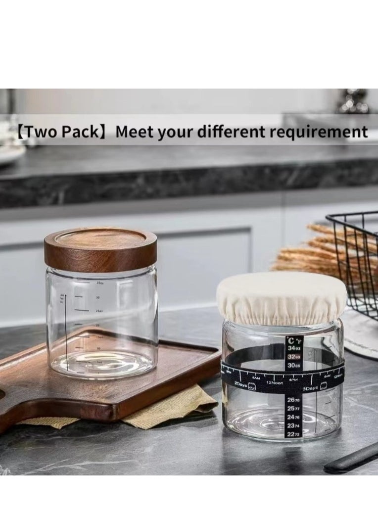 Furtey - Sourdough Starter Jar With Date Marked Feeding Band, Thermometer, Sourdough Jar Scraper, Cloth Cover & Wood Lid, Wide Mouth with Ounce Scale line for Sourdough Bread Baking 35 Oz(2 Pack) - Image 1