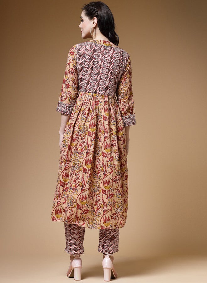 Indibelle Floral Printed Thread Work Pleated Cotton Kurta - Image 4