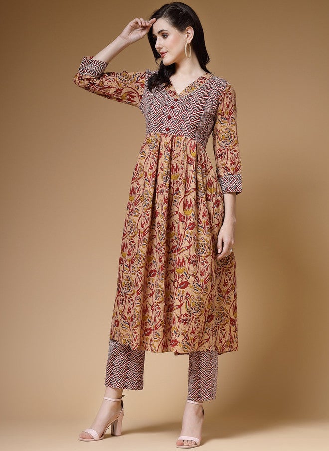 Indibelle Floral Printed Thread Work Pleated Cotton Kurta - Image 3
