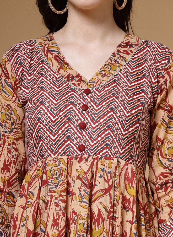 Indibelle Floral Printed Thread Work Pleated Cotton Kurta - Image 2