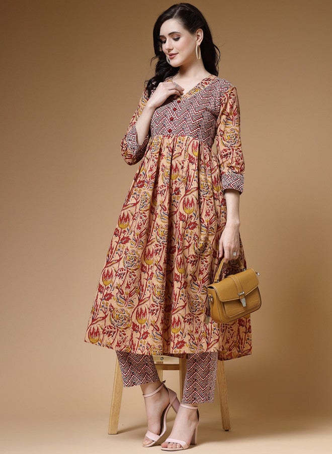 Indibelle Floral Printed Thread Work Pleated Cotton Kurta - Image 5