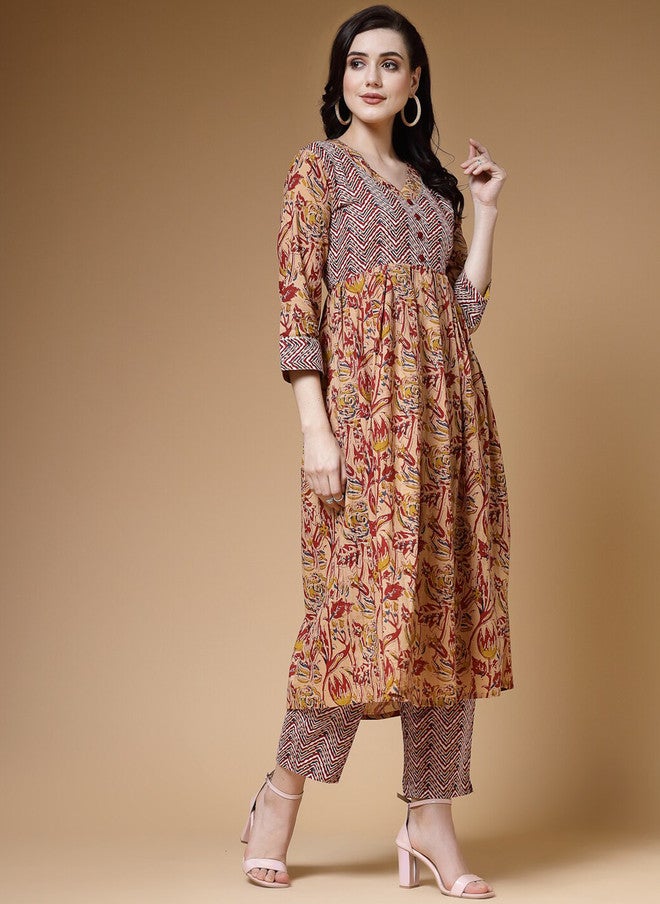 Indibelle Floral Printed Thread Work Pleated Cotton Kurta - Image 1