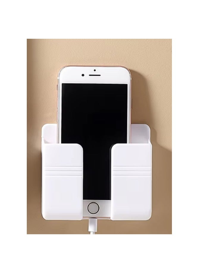 Generic - Two-Piece Wall Mount Holder for Mobile and Remote, Wall-Mounted Mobile and Remote Holder with Adhesive, Mobile Phone Holder for Hanging, Wall Stand to Aid Mobile Charging Next to the Socket, Remote Control Holder, Phone Holder with Bottom Slot for Mobile Charging While Hanging, High-Quality White Adhesive Wall Mount for Holding and Carrying Mobile Device and TV Remote - Image 1