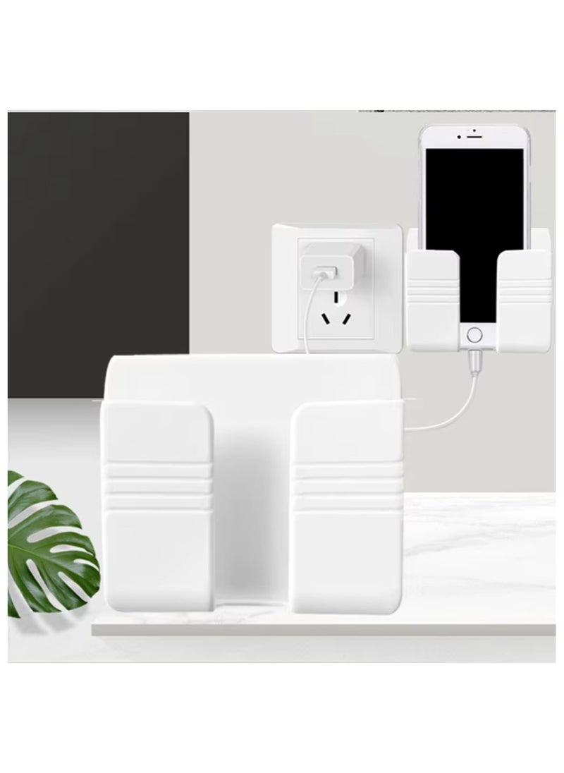 Generic - Two-Piece Wall Mount Holder for Mobile and Remote, Wall-Mounted Mobile and Remote Holder with Adhesive, Mobile Phone Holder for Hanging, Wall Stand to Aid Mobile Charging Next to the Socket, Remote Control Holder, Phone Holder with Bottom Slot for Mobile Charging While Hanging, High-Quality White Adhesive Wall Mount for Holding and Carrying Mobile Device and TV Remote - Image 1