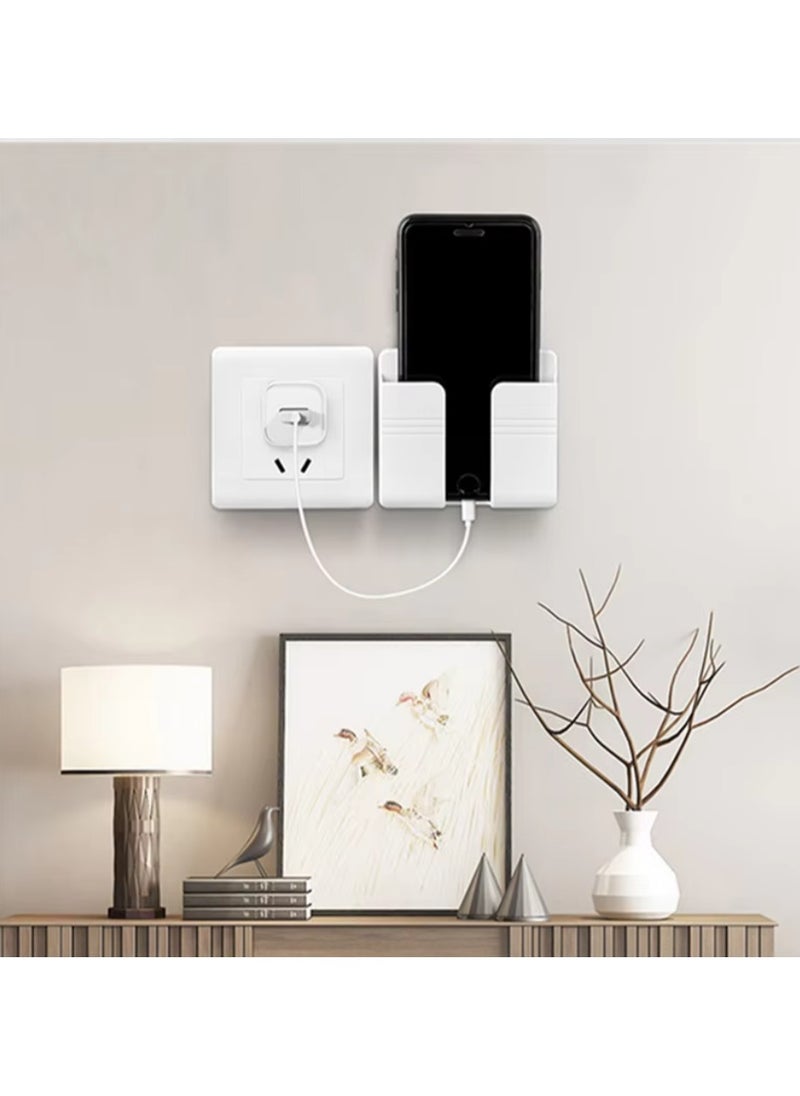 Generic - Two-Piece Wall Mount Holder for Mobile and Remote, Wall-Mounted Mobile and Remote Holder with Adhesive, Mobile Phone Holder for Hanging, Wall Stand to Aid Mobile Charging Next to the Socket, Remote Control Holder, Phone Holder with Bottom Slot for Mobile Charging While Hanging, High-Quality White Adhesive Wall Mount for Holding and Carrying Mobile Device and TV Remote - Image 1