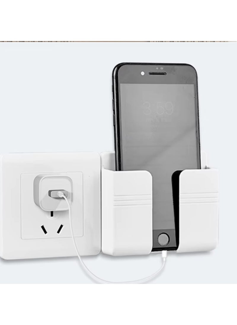 Generic - Two-Piece Wall Mount Holder for Mobile and Remote, Wall-Mounted Mobile and Remote Holder with Adhesive, Mobile Phone Holder for Hanging, Wall Stand to Aid Mobile Charging Next to the Socket, Remote Control Holder, Phone Holder with Bottom Slot for Mobile Charging While Hanging, High-Quality White Adhesive Wall Mount for Holding and Carrying Mobile Device and TV Remote - Image 1