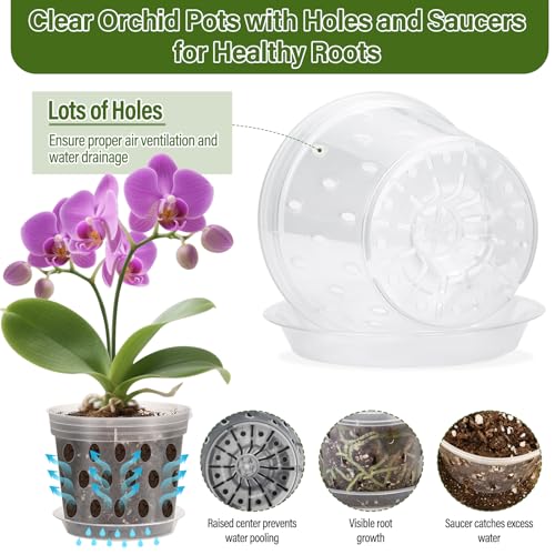 Jollidecor Orchid Pots with Holes and Saucers for Repotting | 4, 5, 5.6, 6 inch Clear Plastic Orchid Pots Flower Plant Pot with Stakes Clips | Breathable Slotted Orchids Planter with Drainage for Root Health - Image 3