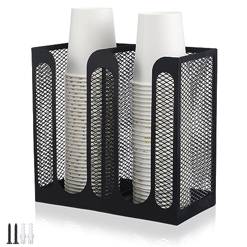 Maxcheck Metal Mesh Cup and Lid Holder Coffee Paper Cup Dispenser Lid Holder Storage Organizer Countertop or Wall Mount for Coffee Bar, Kitchen, Breakroom(2 Compartments) - Image 1