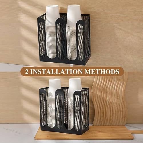 Maxcheck Metal Mesh Cup and Lid Holder Coffee Paper Cup Dispenser Lid Holder Storage Organizer Countertop or Wall Mount for Coffee Bar, Kitchen, Breakroom(2 Compartments) - Image 3