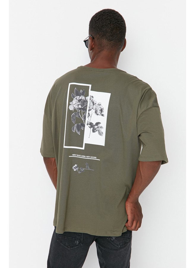 trendyol Khaki Men's Oversize/Wide Cut Crew Neck Floral Printed Short Sleeve  T-Shirt - Image 1
