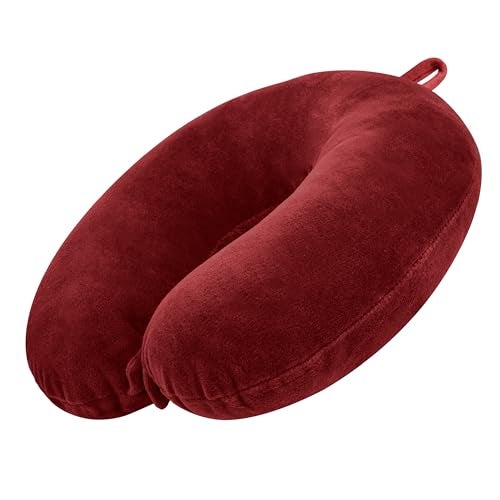 GREELI U Shaped Neck Pillow Soft Fiber Filled Travel Cushion with Snap Button, Comfortable Fabric, Neck Support for Flight, Bus, Car, Neck Pillow for Pain Relief (Red) - Image 1