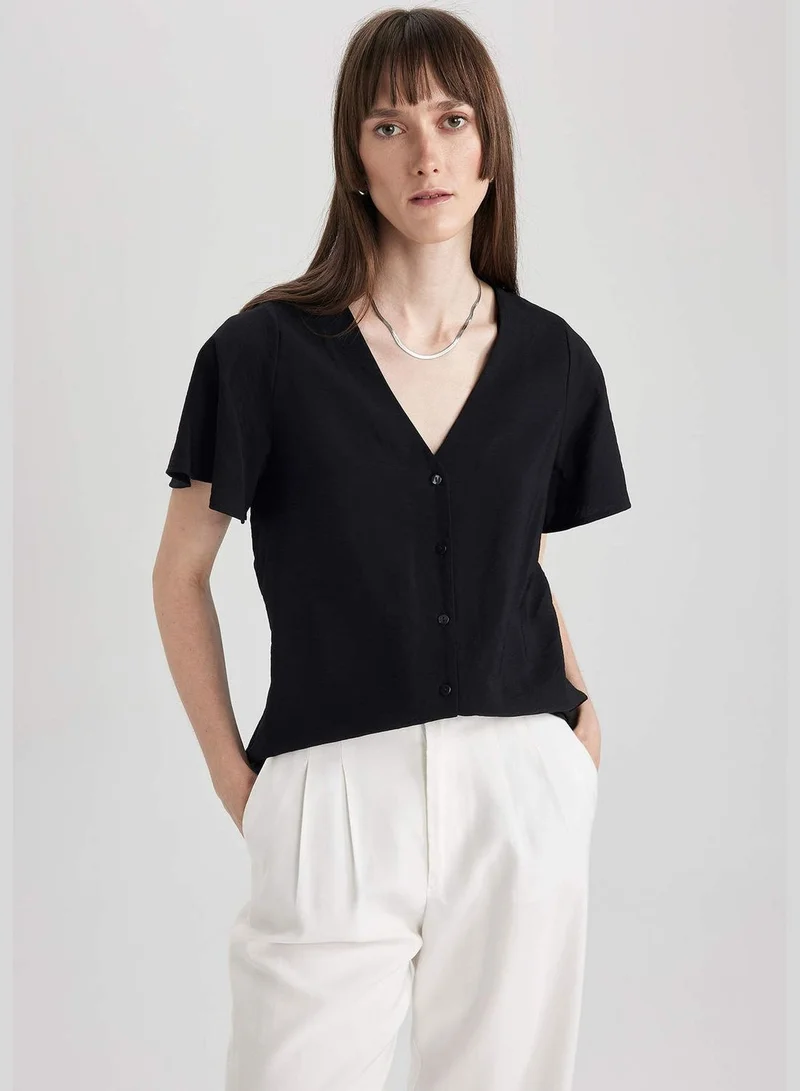 DeFacto Woman V Neck Woven Short Sleeve Blouse