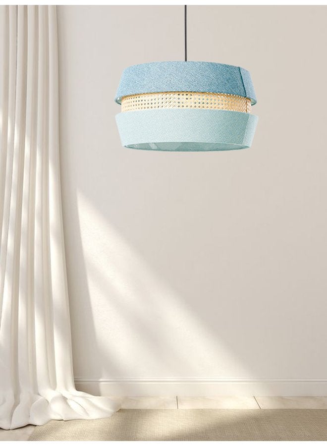 تبس هوم لمب مصباح معلق حديث على شكل أسطوانة مع سطح خارجي من القماش الأزرق وشريط وسطي من الراتان - Image 1