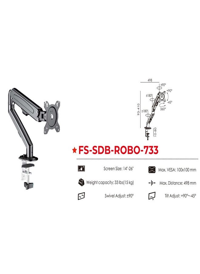 fujistar - FS-SDB-ROBO-733 Single Monitor Articulating Arm Desk Mount for 14"-26" Screens, Full Motion Adjustment with 360° Rotation and Pneumatic Lift for Ergonomic Viewing - Image 1
