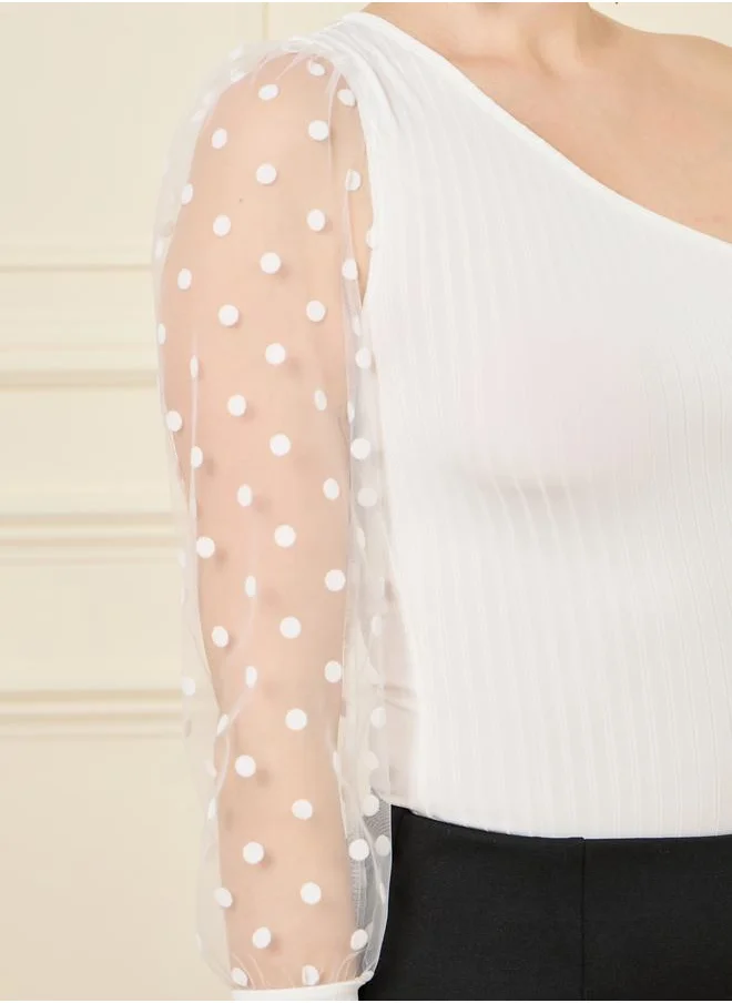 Styli One Sleeve Polka Dot Detail Textured Top