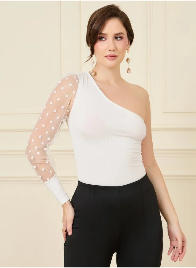 Styli One Sleeve Polka Dot Detail Textured Top