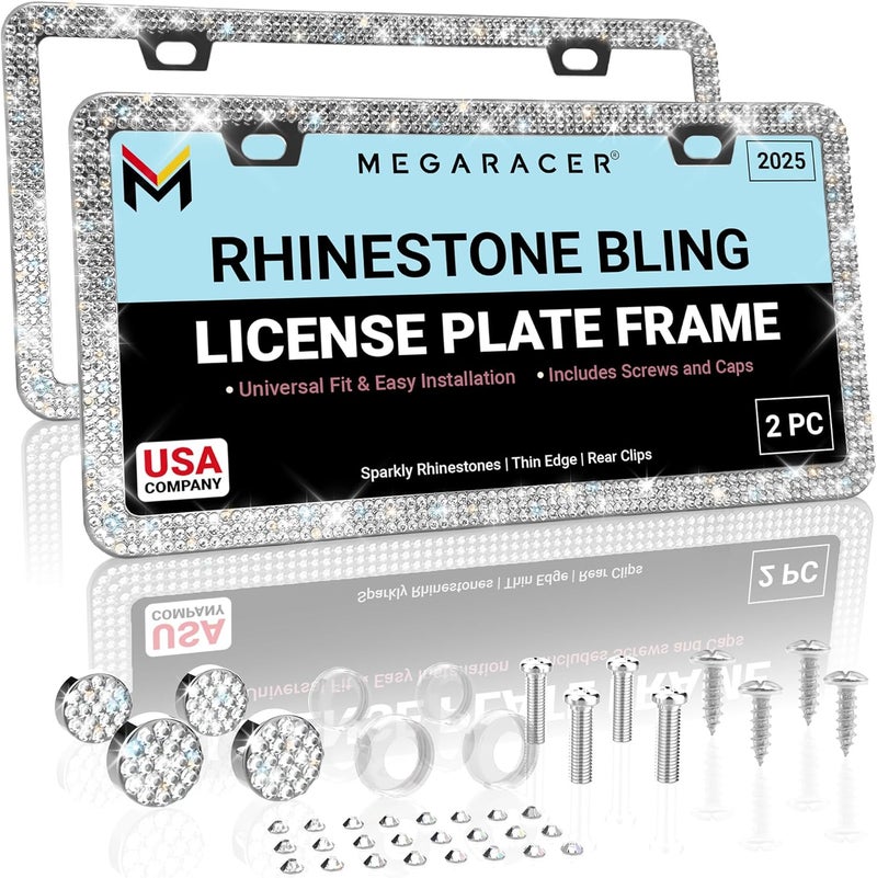 Mega Racer Rhinestone Bling License Plate Frame - 2 Pack with 650 White Rhinestones - Image 1