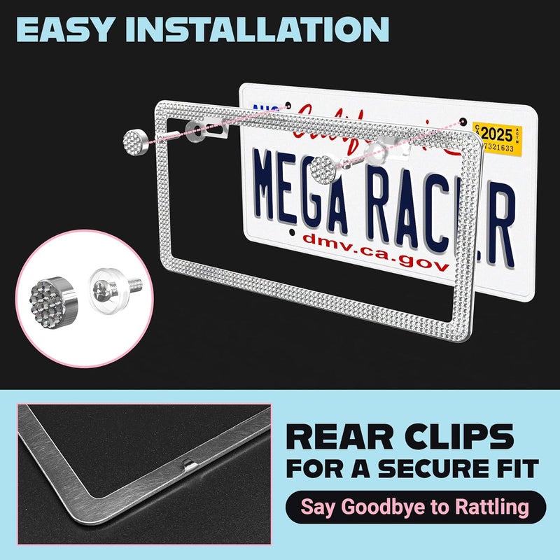 Mega Racer Rhinestone Bling License Plate Frame - 2 Pack with 650 White Rhinestones - Image 5