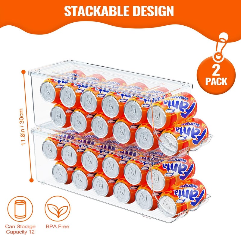 SCAVATA 2 Pack Soda Can Organizer for Refrigerator, Stackable Canned Food Pop Cans Container Can Holder Dispenser with Lid for Fridge Pantry Rack Freezer, Clear Plastic Storage Bins-Holds 12 Cans Each - Image 2