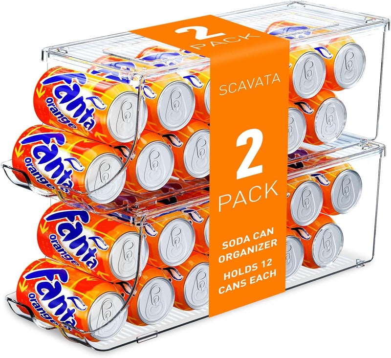 SCAVATA 2 Pack Soda Can Organizer for Refrigerator, Stackable Canned Food Pop Cans Container Can Holder Dispenser with Lid for Fridge Pantry Rack Freezer, Clear Plastic Storage Bins-Holds 12 Cans Each - Image 1