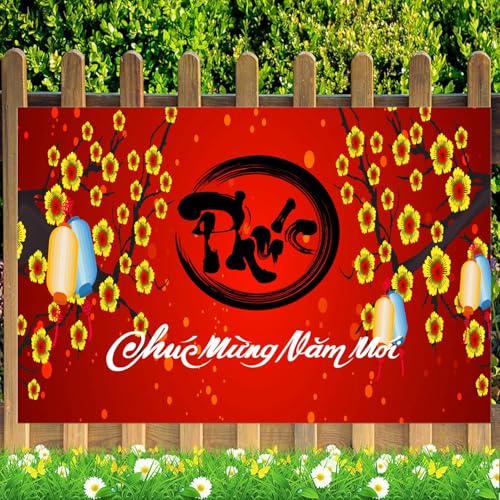 CORFOTO 7x5ft Fabric Vietnamese New Year Backdrop Happy Vietnamese New Year Backdrop Cherry Blossoms Red Lunar New Year Background Asian Festival Photo Booth Props - Image 4