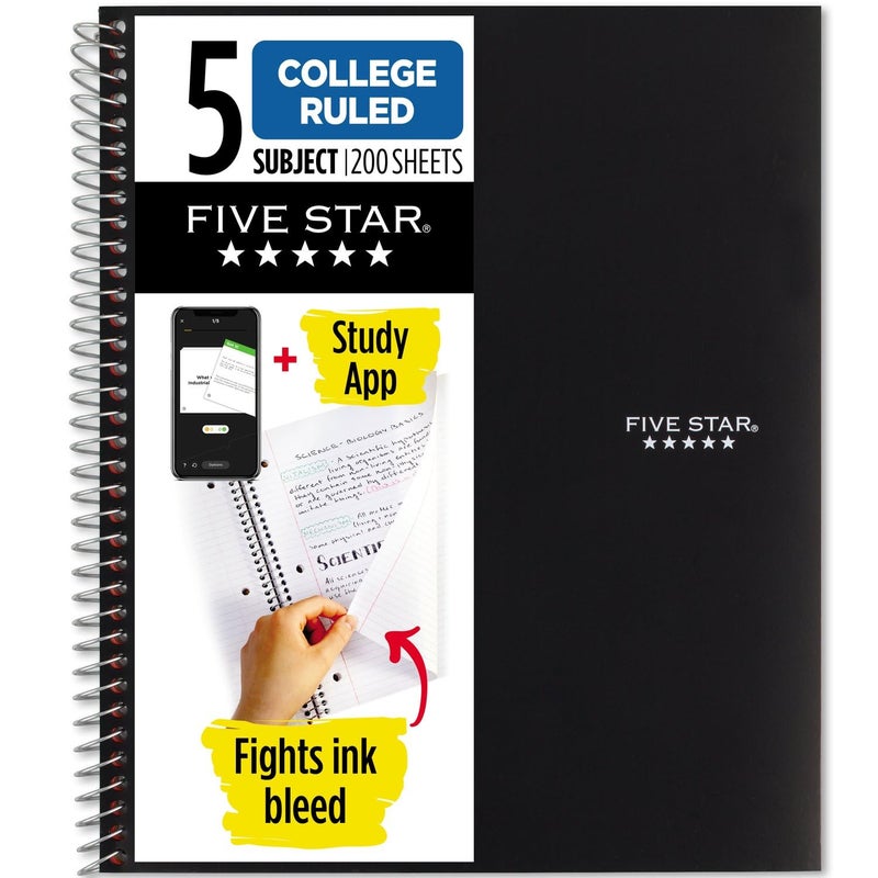 Five Star Spiral Notebook + Study App, 5 Subject, College Ruled Paper, Fights Ink Bleed, Water Resistant Cover, 8-1/2" x 11", 200 Sheets, Black (72081) - Image 1