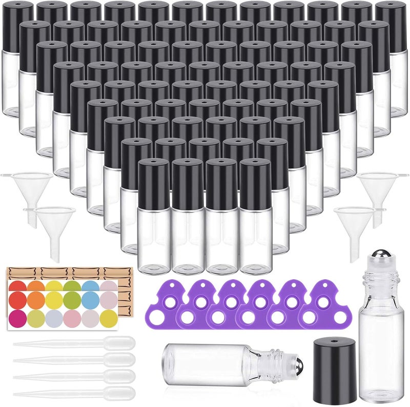 Easytle 96 Pack Essential Oil Roller Bottles 5ml Clear Glass Roller Bottles for Oils (384 Pieces Labels, 8 Opener, 16 Funnels, 16 Dropper) Roll on Bottles with Stainless Steel Roller Balls and Caps 