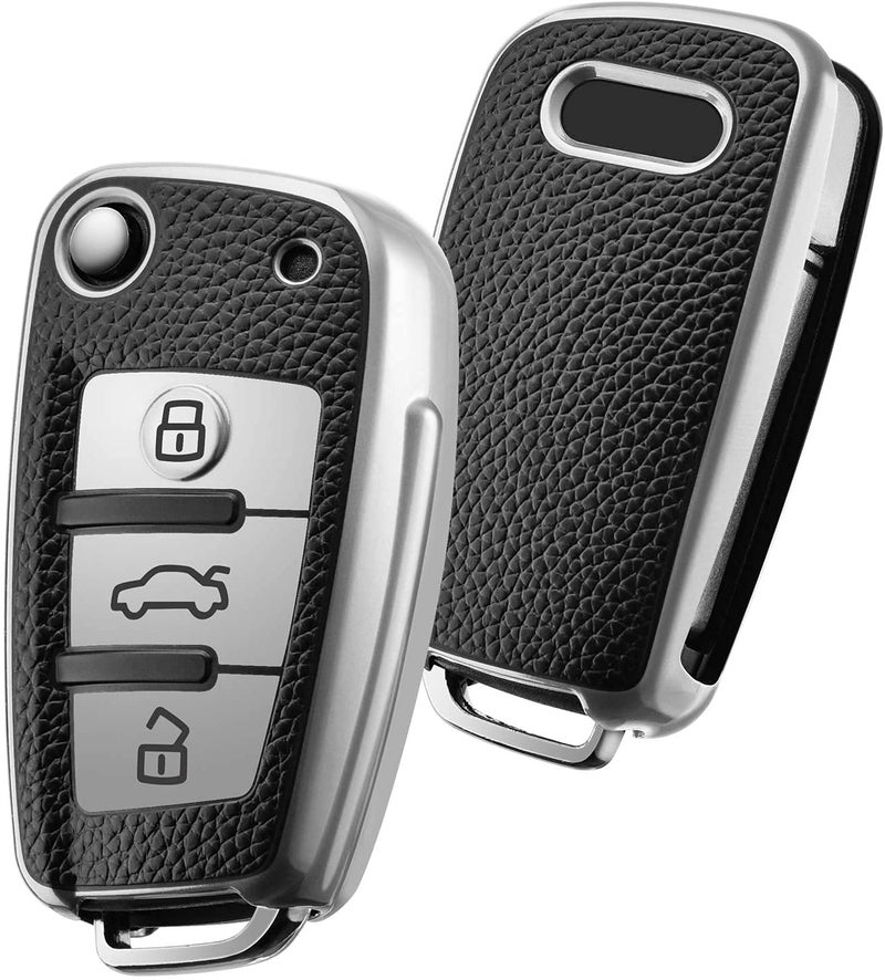 JVCV® Premium Soft TPU Leather Pattern Key Cover Compatible with Audi A1 A3 A6 Q2 Q3 Q7 TT TTS R8 S3 S6 RS3 Folding Key (Silver) - Image 1