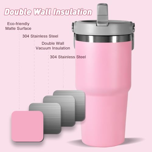 CHLJAR 20 oz Tumbler with Handle, Insulated Tumbler with Lid and Flip Straw Leak Proof Double Wall Stainless Steel Vacuum Travel Coffee Mug Insulated Water Bottle Thermal Cup, Cupholder Friendly, Pink - Image 3