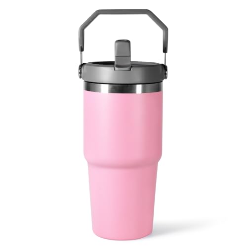 CHLJAR 20 oz Tumbler with Handle, Insulated Tumbler with Lid and Flip Straw Leak Proof Double Wall Stainless Steel Vacuum Travel Coffee Mug Insulated Water Bottle Thermal Cup, Cupholder Friendly, Pink - Image 1