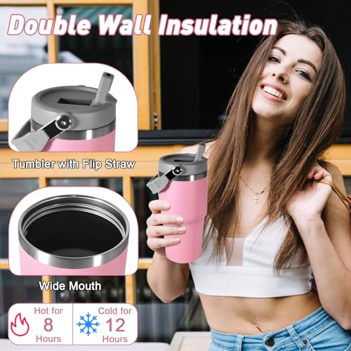 CHLJAR 20 oz Tumbler with Handle, Insulated Tumbler with Lid and Flip Straw Leak Proof Double Wall Stainless Steel Vacuum Travel Coffee Mug Insulated Water Bottle Thermal Cup, Cupholder Friendly, Pink - Image 4