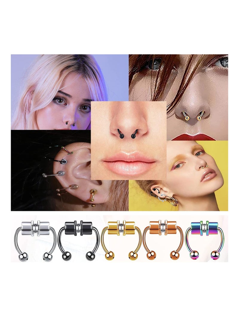 Captaintech Magnetic Septum Nose Ring, Horseshoe Fake Nose Septum Rings Non-Pierced Clip On Nose Hoop Rings Stainless Steel Faux Reusable Nose Ring Hoop for Women Men, 5Pcs - Image 5
