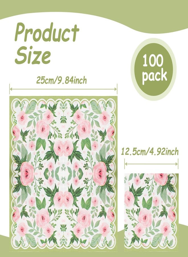 itechpanda 100 Pack Spring Floral Napkin Pink Rose Flower Scalloped Paper Napkin Disposable Party Dinner Napkin for Home Party Wedding Baby Shower Table Decor Party Supplies - Image 2