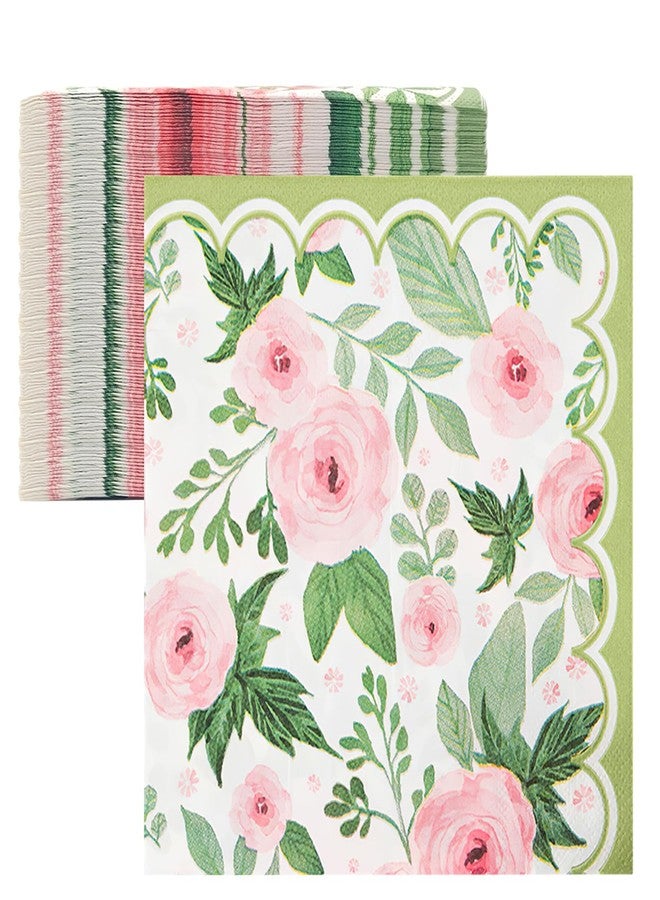 itechpanda 100 Pack Spring Floral Napkin Pink Rose Flower Scalloped Paper Napkin Disposable Party Dinner Napkin for Home Party Wedding Baby Shower Table Decor Party Supplies - Image 1