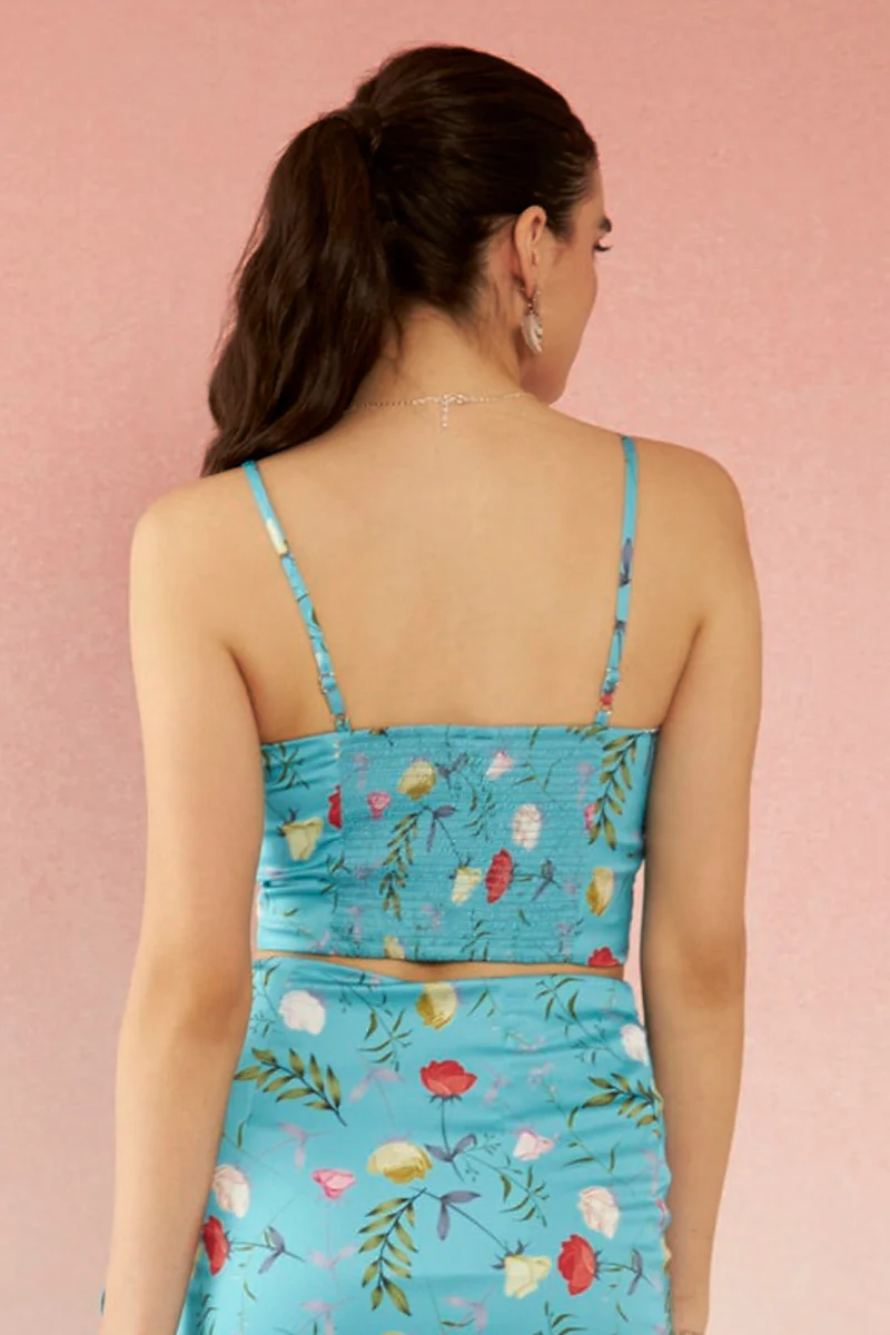 Virgio Satin Floral Vacation Print Sweatheart Crop Tops for Women