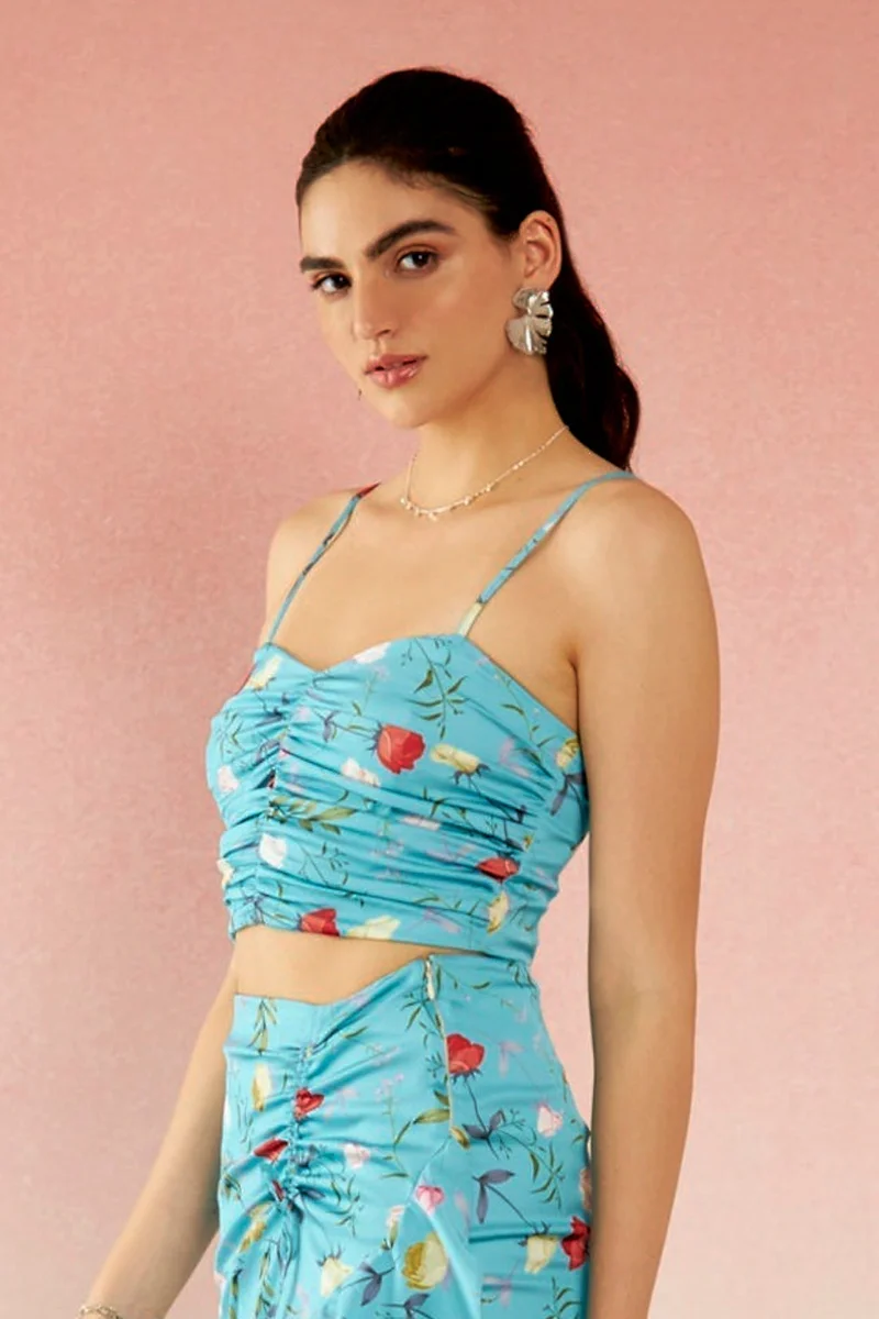 Virgio Satin Floral Vacation Print Sweatheart Crop Tops for Women