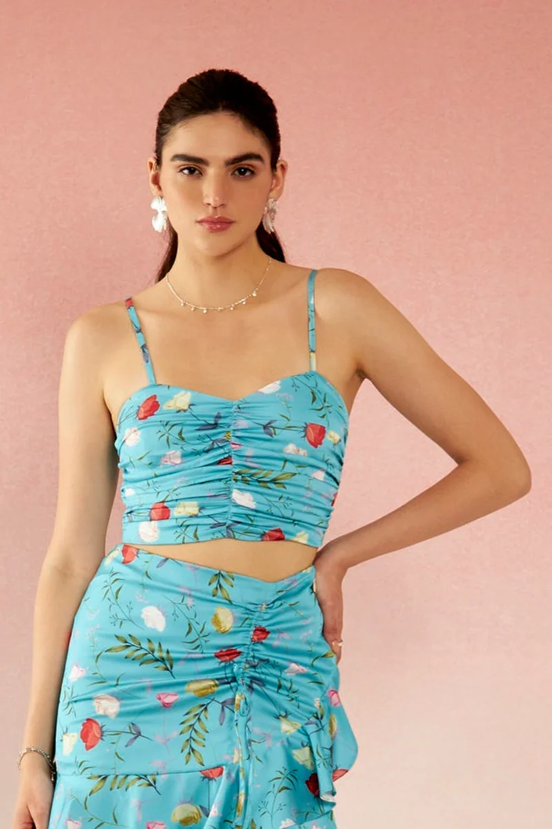 Virgio Satin Floral Vacation Print Sweatheart Crop Tops for Women