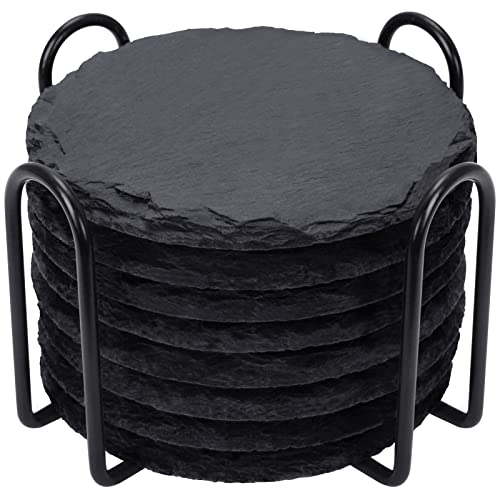 GOH DODD Slate Drink Coasters with Metal Holder, GOH DODD Set of 8 Black Coasters, 4 Inch Stone Coaster Set Tabletop Protection for Home Kitchen Apartment Bar Decor Housewarming Gifts Wedding Party, Round - Image 1