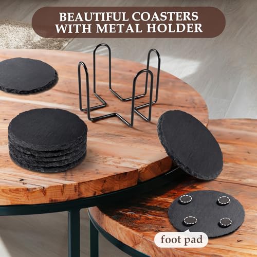 GOH DODD Slate Drink Coasters with Metal Holder, GOH DODD Set of 8 Black Coasters, 4 Inch Stone Coaster Set Tabletop Protection for Home Kitchen Apartment Bar Decor Housewarming Gifts Wedding Party, Round - Image 2