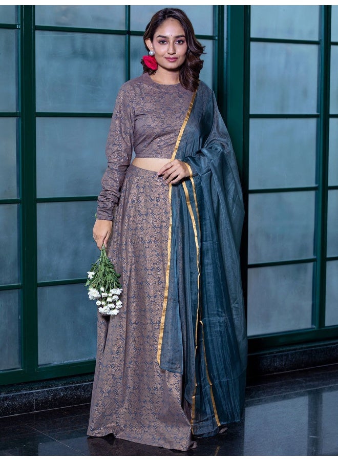 AKS Grey And Gold-Toned Printed Lehenga Choli With Blue Dupatta - Image 3