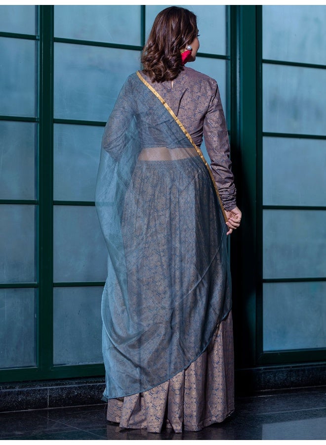 AKS Grey And Gold-Toned Printed Lehenga Choli With Blue Dupatta - Image 4