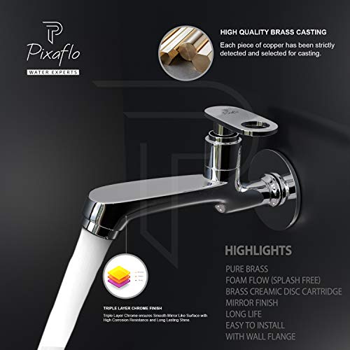 Pixaflo Curio Brass Long Body Bib Cock Tap with Wall Flange (Chrome) - Image 2