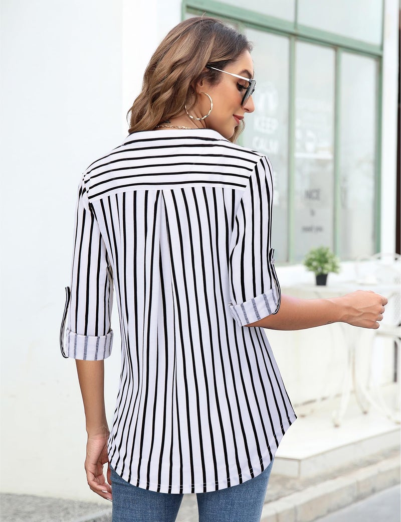 Bulotus 3/4 Sleeve Tunic Tops for Women, Ladies Tops and Blouses Casual Summer Fall Shirts V Neck Long Tops for Women to Wear with Leggings Work Shirts for Office, Stripe, Large - Image 3