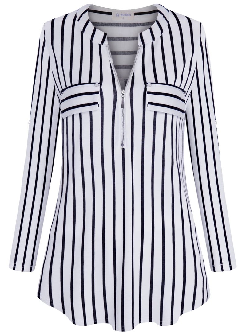 Bulotus 3/4 Sleeve Tunic Tops for Women, Ladies Tops and Blouses Casual Summer Fall Shirts V Neck Long Tops for Women to Wear with Leggings Work Shirts for Office, Stripe, Large - Image 4