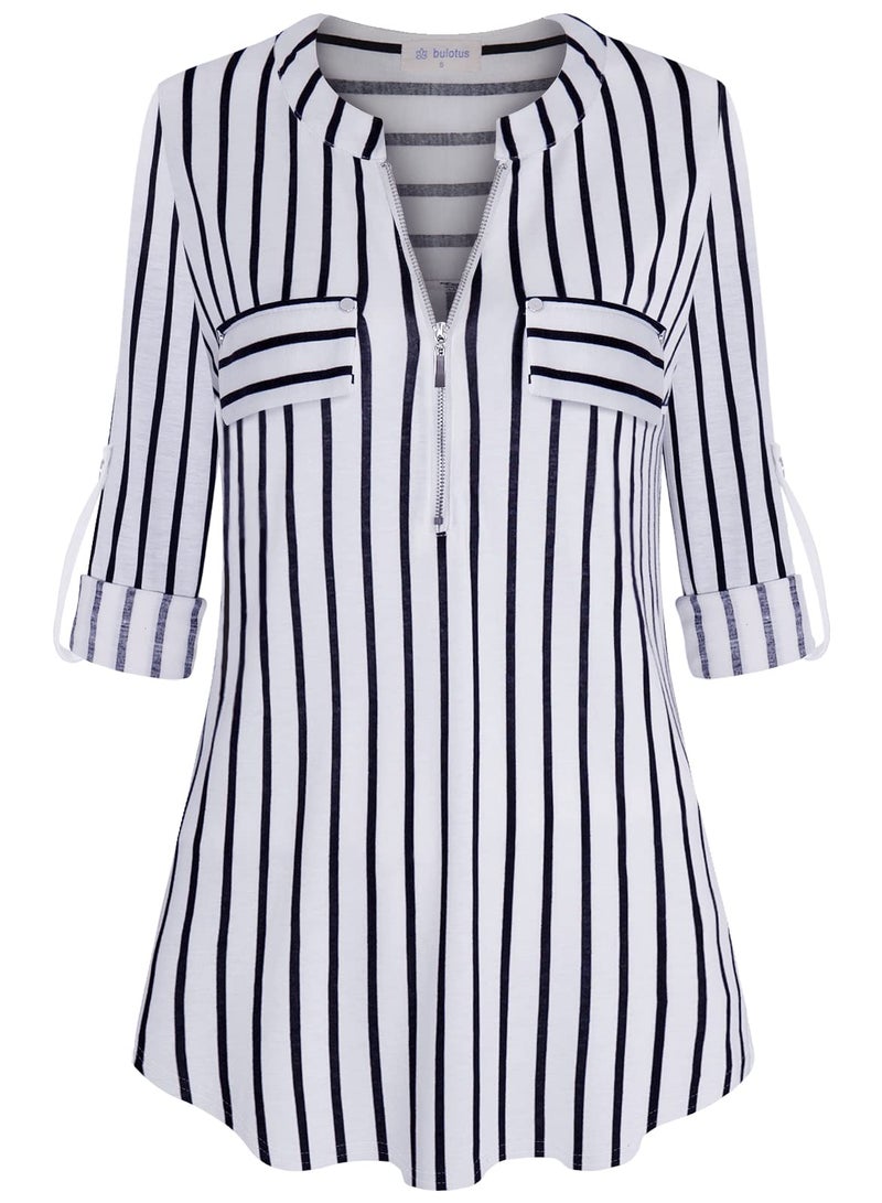 Bulotus 3/4 Sleeve Tunic Tops for Women, Ladies Tops and Blouses Casual Summer Fall Shirts V Neck Long Tops for Women to Wear with Leggings Work Shirts for Office, Stripe, Large - Image 1