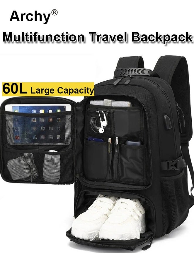 Archy - Unisex Hiking Backpack 60L Large Capacity Expandable Luggage Bag with USB Port Independent Shoes Compartment Travel Backpack - Image 1