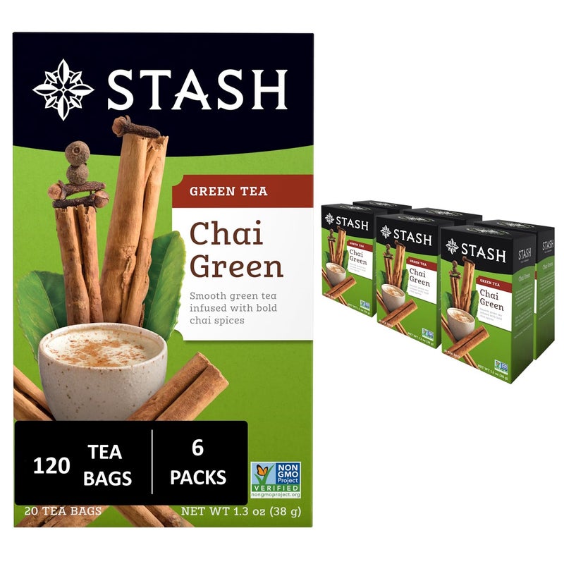 Stash Tea Chai Green Tea - Caffeinated, Non-GMO Project Verified Premium Tea with No Artificial Ingredients, 20 Count (Pack of 6) - 120 Bags Total - Image 1