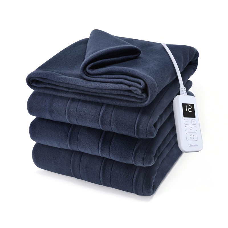 صن بيم بطانية كهربائية للتدفئة من Sunbeam Royal Ultra Fleece بالحجم الكامل 84 بوصة × 72 بوصة 12 إعدادًا للحرارة وإيقاف تلقائي لمدة 12 ساعة وتسخين سريع في الغسالة ويمكن غسله في الغسالة باللون النيلي الدافئ والمريح - Image 1