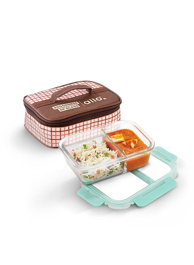 Allo FoodSafe Compartment Glass Lunch Box with Break Free Lock, Microwave Safe, Borosilicate Glass Container with Partition Divider, Office Tiffin with Cocoa Brown Bag, 1000ml, Rectangle - Image 1