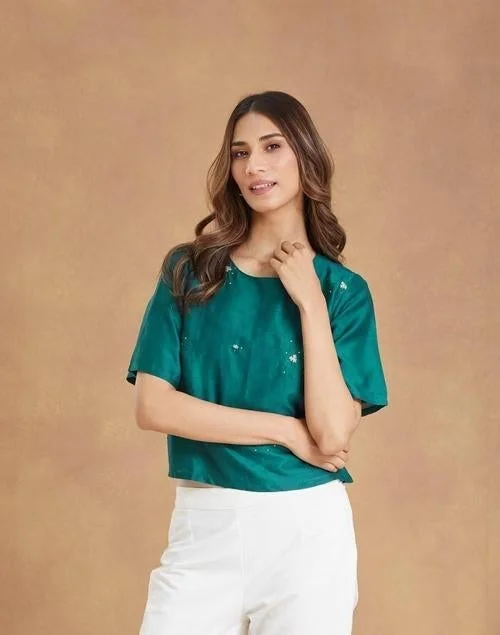 Fabindia Green Cotton Silk Embroidered Short Top